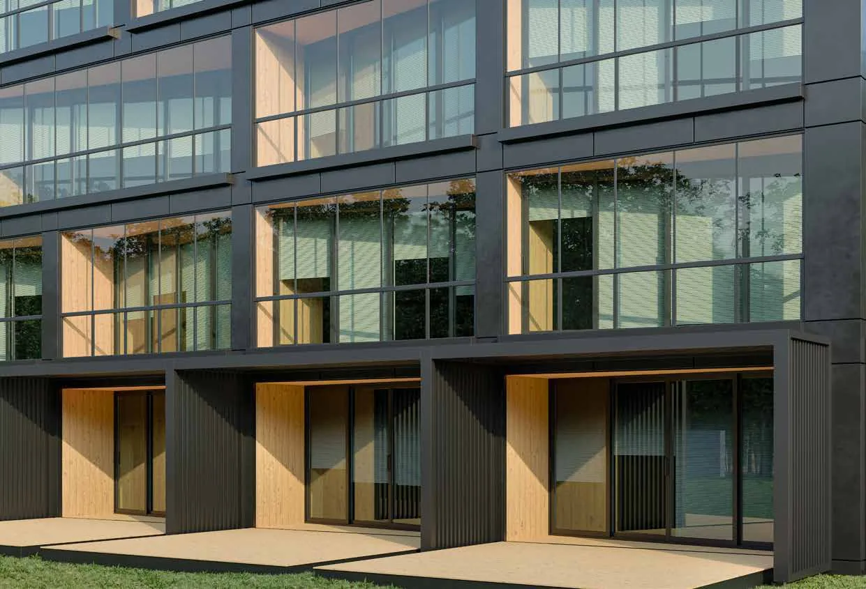 Ahşap ve cam girişli modern cephe